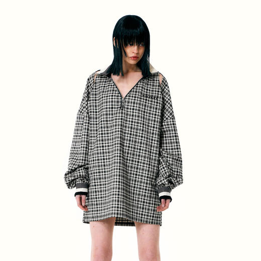   NUTH 可拆卸领多种穿法拉链格子POLO卫衣女时尚个性露肩上衣 商品图1