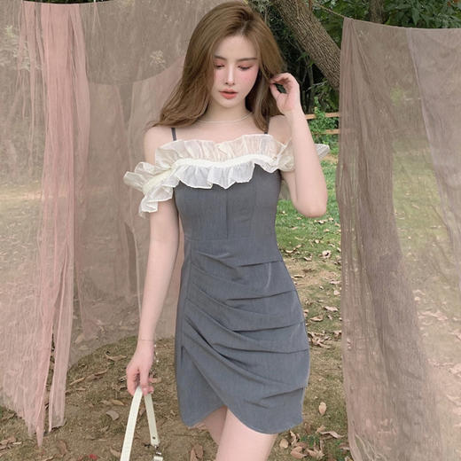 黛唯梵女装夏季2022年新款法式荷叶边裙子一字肩吊带连衣裙修身包臀短裙国庆清明出游 商品图2