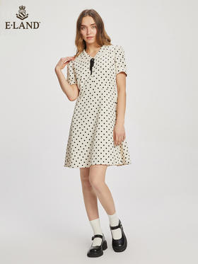 ELAND衣恋2浪漫淑女娃娃领优雅复古波点连衣裙女EEOWC24H6M