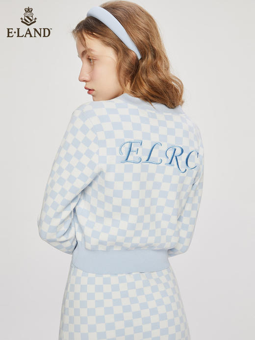 ELAND衣恋温柔甜美撞色格子软糯短款针织开衫女EECKC23H4B 商品图2