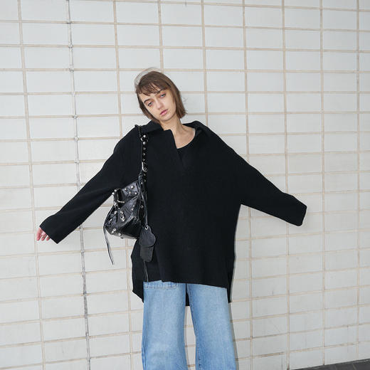   NUTH 宽松POLO开领百搭黑色慵懒针织衫毛衣 商品图1