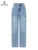 ELAND衣恋2022年春季新款高腰宽松设计感磨毛破洞牛仔裤萝卜裤女EETJC23Q1N 商品缩略图4