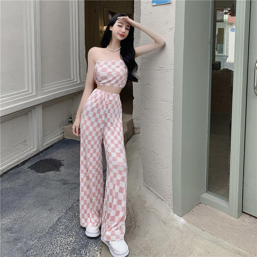 黛唯梵夏季新款套辣妹短款性感抹胸背心上衣格子褶皱阔腿裤休闲两件套女国庆清明出游 商品图7