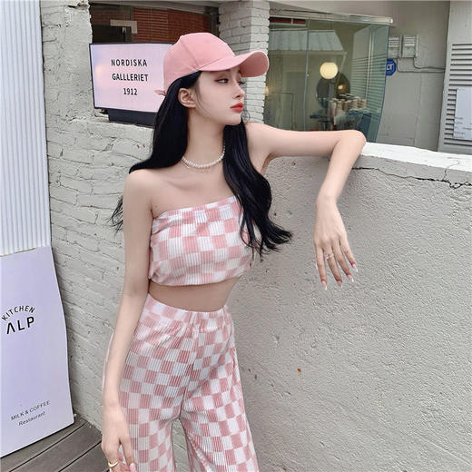 黛唯梵夏季新款套辣妹短款性感抹胸背心上衣格子褶皱阔腿裤休闲两件套女国庆清明出游 商品图8