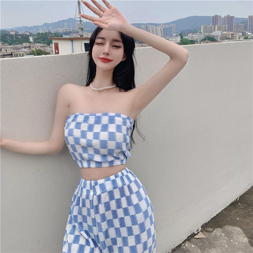 黛唯梵夏季新款套辣妹短款性感抹胸背心上衣格子褶皱阔腿裤休闲两件套女国庆清明出游 商品图2