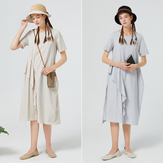 Famecoco范可儿纯棉不对称连衣裙女夏荷叶边长裙气质超仙F223FA006 商品图4