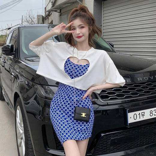 黛唯梵辣妹包臀吊带连衣裙女春夏韩版2022新款设计感爱心格子修身打底裙国庆清明出游 商品图0