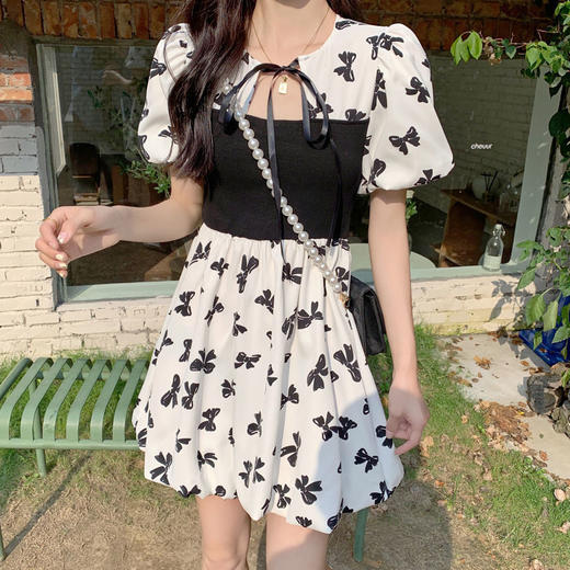 黛唯梵法式初恋甜美连衣裙女夏小清新蝴蝶结辣妹裙系带高腰显瘦蓬蓬裙子国庆清明出游 商品图1