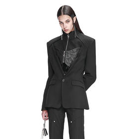   NUTH拼皮打褶宽肩修身廓形黑色西服小高领收腰西装