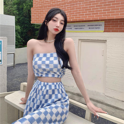 黛唯梵夏季新款套辣妹短款性感抹胸背心上衣格子褶皱阔腿裤休闲两件套女国庆清明出游 商品图1