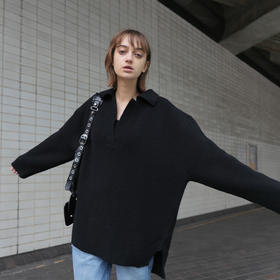   NUTH 宽松POLO开领百搭黑色慵懒针织衫毛衣