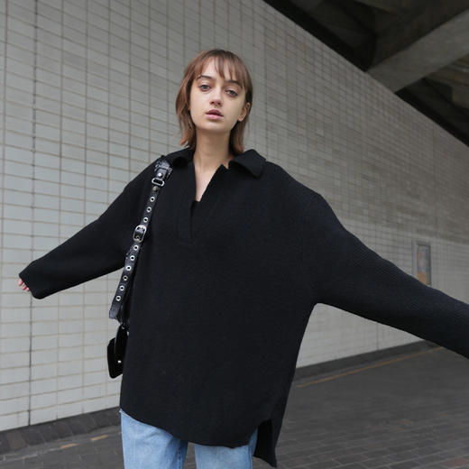   NUTH 宽松POLO开领百搭黑色慵懒针织衫毛衣 商品图0
