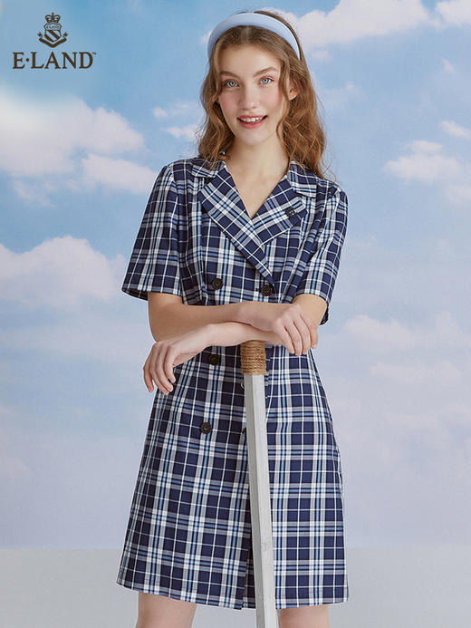 ELAND衣复古优雅别致格纹通勤西装式连衣裙女EEOWC24N7B 商品图0