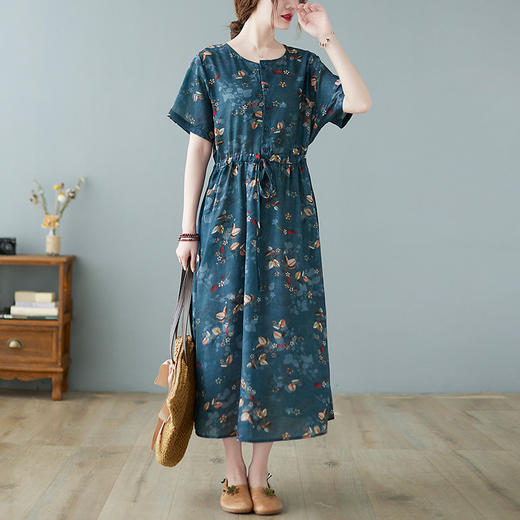 GYH  8369碎花田园风棉麻系带收腰休闲宽松连衣裙 商品图2