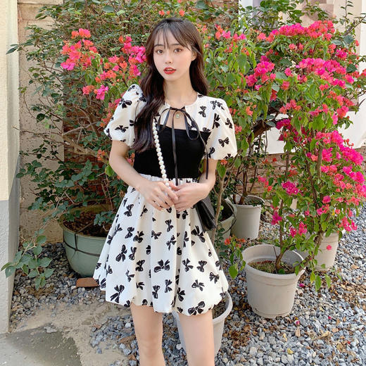 黛唯梵法式初恋甜美连衣裙女夏小清新蝴蝶结辣妹裙系带高腰显瘦蓬蓬裙子国庆清明出游 商品图3