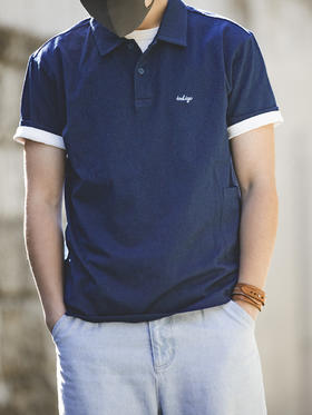 工装优选 美式复古蓝染翻领POLO衫T恤克莱因蓝短袖纯棉打底衫男夏