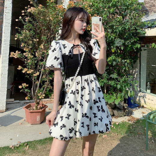 黛唯梵法式初恋甜美连衣裙女夏小清新蝴蝶结辣妹裙系带高腰显瘦蓬蓬裙子国庆清明出游 商品图6