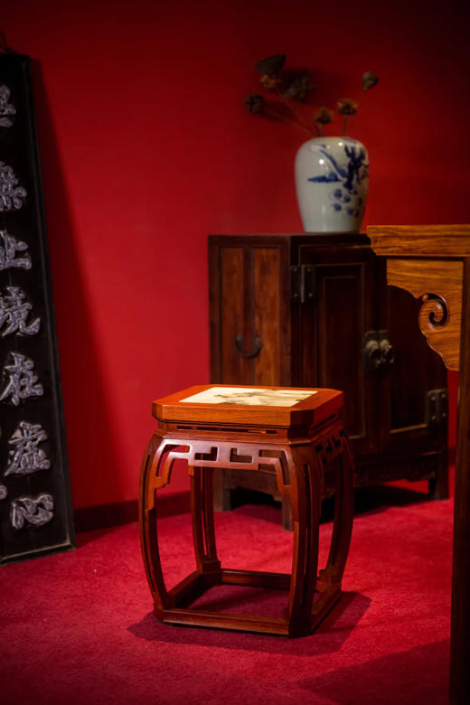 红桥红  家具严选  缅甸花梨（大果紫檀）  【云石面 仿故宫文竹方凳】 商品图1