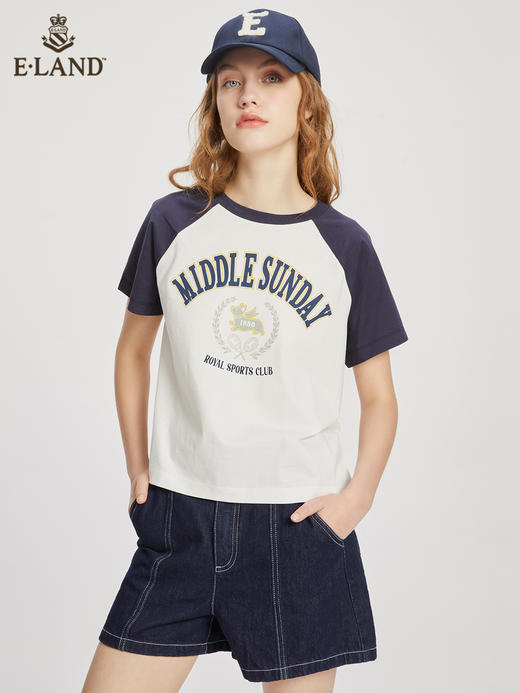 ELAND衣恋2022年春季新款小个子美式设计感撞色插肩纯棉T恤上衣女EERAC24N2M 商品图2