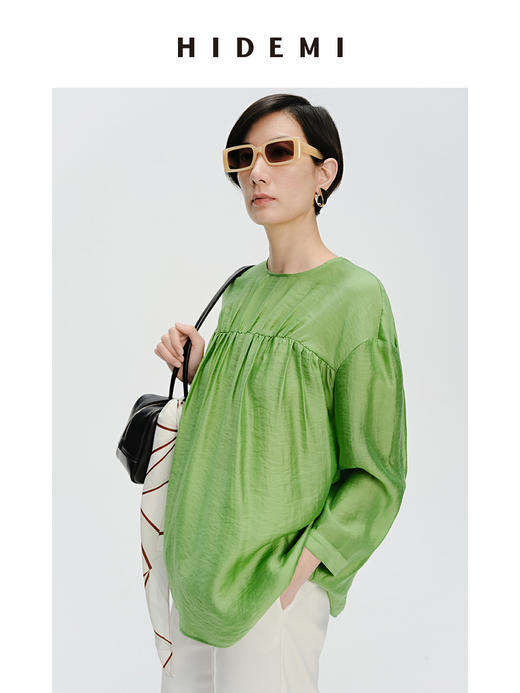 HIDEMI 轻盈风缕感简约设计感轻缎感压褶上衣 沁心绿/奶油米 商品图10