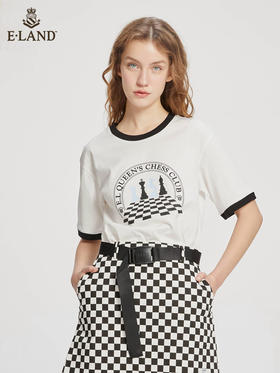 ELAND衣恋2022年春季新款撞色圆领宽松休闲时尚印花T恤女EERAC23Q1N