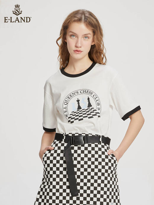 ELAND衣恋2022年春季新款撞色圆领宽松休闲时尚印花T恤女EERAC23Q1N 商品图0