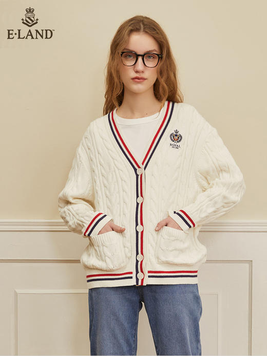 ELAND衣恋学院风撞色V领青春减龄针织开衫女EECKC23H2M 商品图0