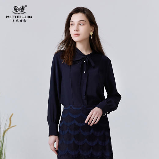 METTE22年春夏新品女士100%桑蚕丝衬衫长袖翻领系带休闲打底衬衣 商品图0