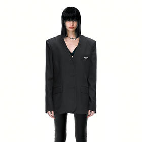   NUTH无领宽松修身黑色西装V领西服外套女
