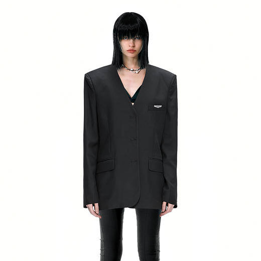   NUTH无领宽松修身黑色西装V领西服外套女 商品图0