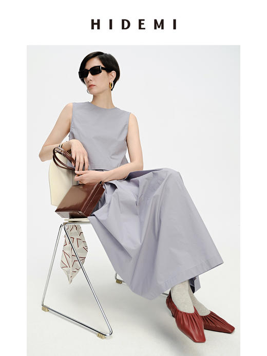 HIDEMI 简约拉链设计感自然棉质三件套套装 苹果绿衬衫/苹果绿茧型半身裙/雾霾蓝衬衫/雾霾蓝茧型半身裙/苹果绿短背心/雾霾蓝短背心 商品图4