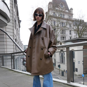   NUTH棕色宽松复古环保皮大衣宽松中长款