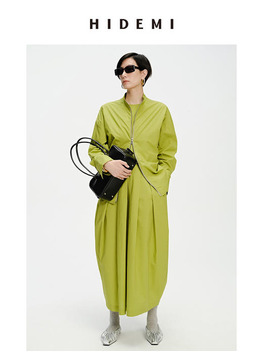 HIDEMI 简约拉链设计感自然棉质三件套套装 苹果绿衬衫/苹果绿茧型半身裙/雾霾蓝衬衫/雾霾蓝茧型半身裙/苹果绿短背心/雾霾蓝短背心 商品图5