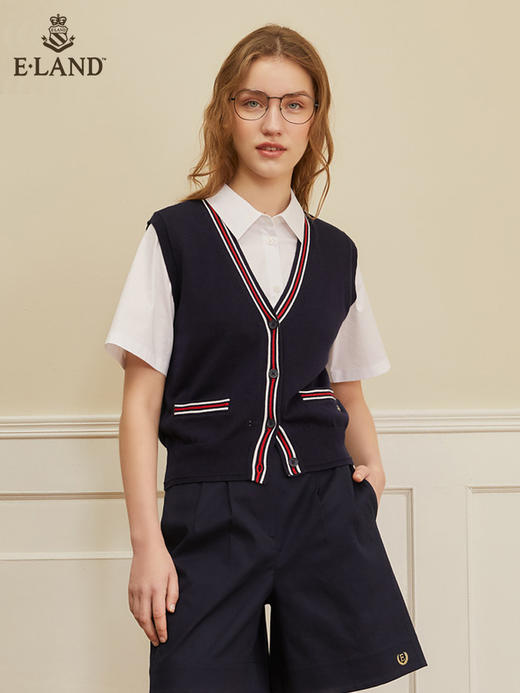ELAND衣恋青春时尚撞色V领学院风针织马甲女EEVKC23H2B 商品图0