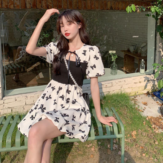 黛唯梵法式初恋甜美连衣裙女夏小清新蝴蝶结辣妹裙系带高腰显瘦蓬蓬裙子国庆清明出游 商品图7