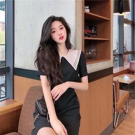 黛唯梵2022新款高腰显瘦小黑裙女翻领名媛气质炸街桔梗连衣裙国庆清明出游