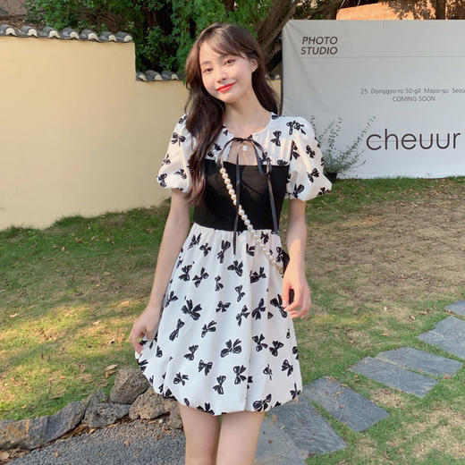 黛唯梵法式初恋甜美连衣裙女夏小清新蝴蝶结辣妹裙系带高腰显瘦蓬蓬裙子国庆清明出游 商品图9
