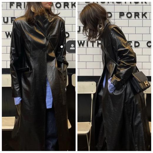 HIDEMI 黑色褶皱PU环保皮长款西装风衣皮衣 商品图2