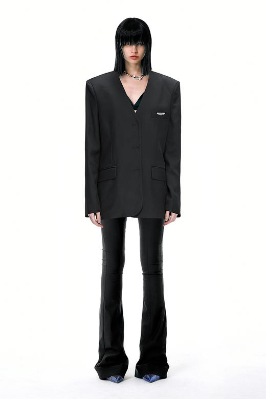   NUTH无领宽松修身黑色西装V领西服外套女 商品图1