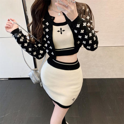 纯欲风甜辣套装2022新款小众外套开衫性感吊带气质包臀裙子三件套国庆清明出游 商品图6