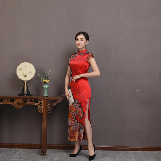 新款气质真丝长旗袍，复古修身中国风演出活动礼服旗袍QHJS-27 商品图4