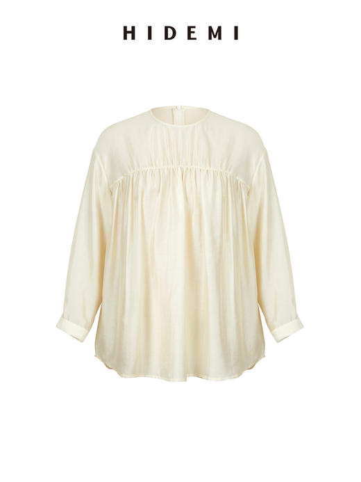 HIDEMI 轻盈风缕感简约设计感轻缎感压褶上衣 沁心绿/奶油米 商品图12