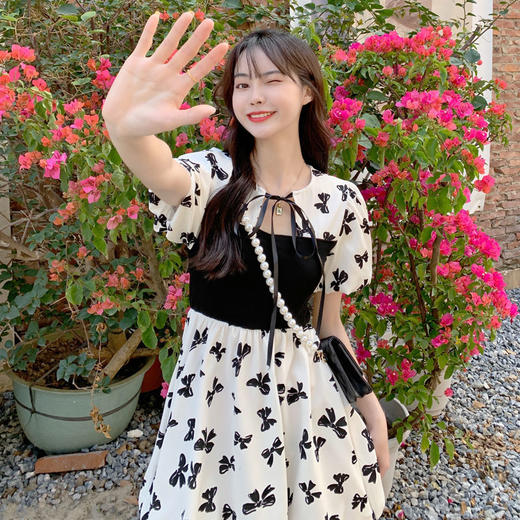 黛唯梵法式初恋甜美连衣裙女夏小清新蝴蝶结辣妹裙系带高腰显瘦蓬蓬裙子国庆清明出游 商品图5