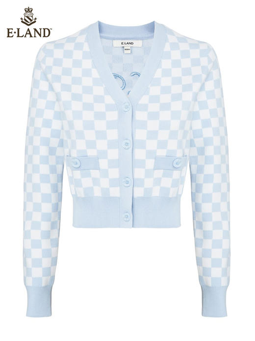 ELAND衣恋温柔甜美撞色格子软糯短款针织开衫女EECKC23H4B 商品图5