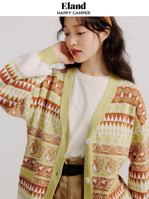 ELAND衣恋学院风甜美复古气质V领针织开衫女EECKC23Q1N 商品图3