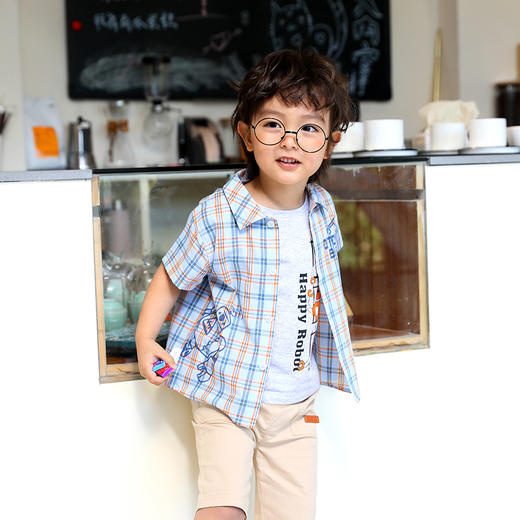 棉果果夏季男童纯棉短袖格子衬衫M212153222329 商品图0