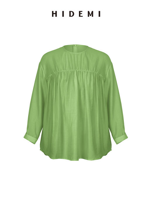 HIDEMI 轻盈风缕感简约设计感轻缎感压褶上衣 沁心绿/奶油米 商品图13
