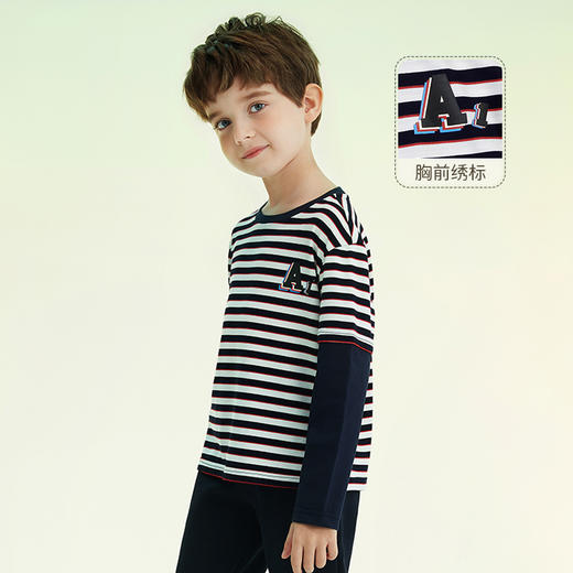 mettekids儿童T恤2022春季新款大童条纹假两件上衣童装男童打底衫 商品图2