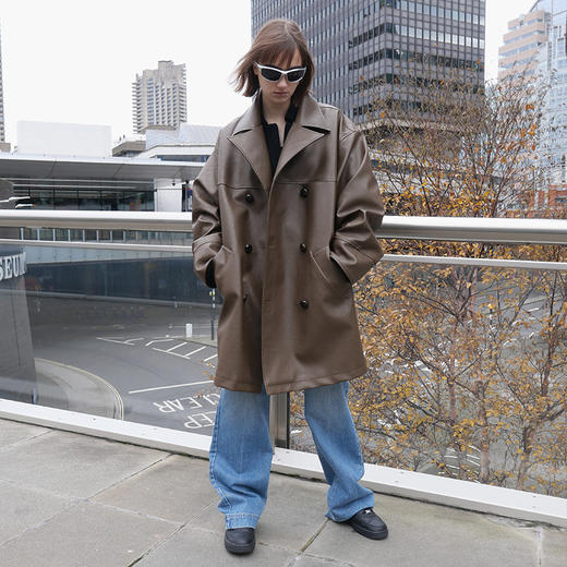   NUTH棕色宽松复古环保皮大衣宽松中长款 商品图2