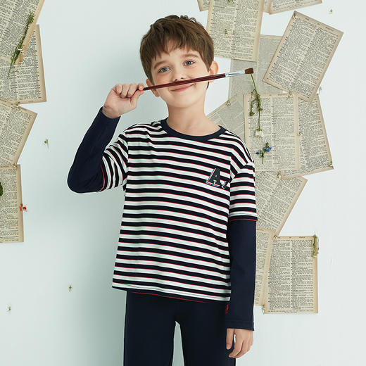 mettekids儿童T恤2022春季新款大童条纹假两件上衣童装男童打底衫 商品图1